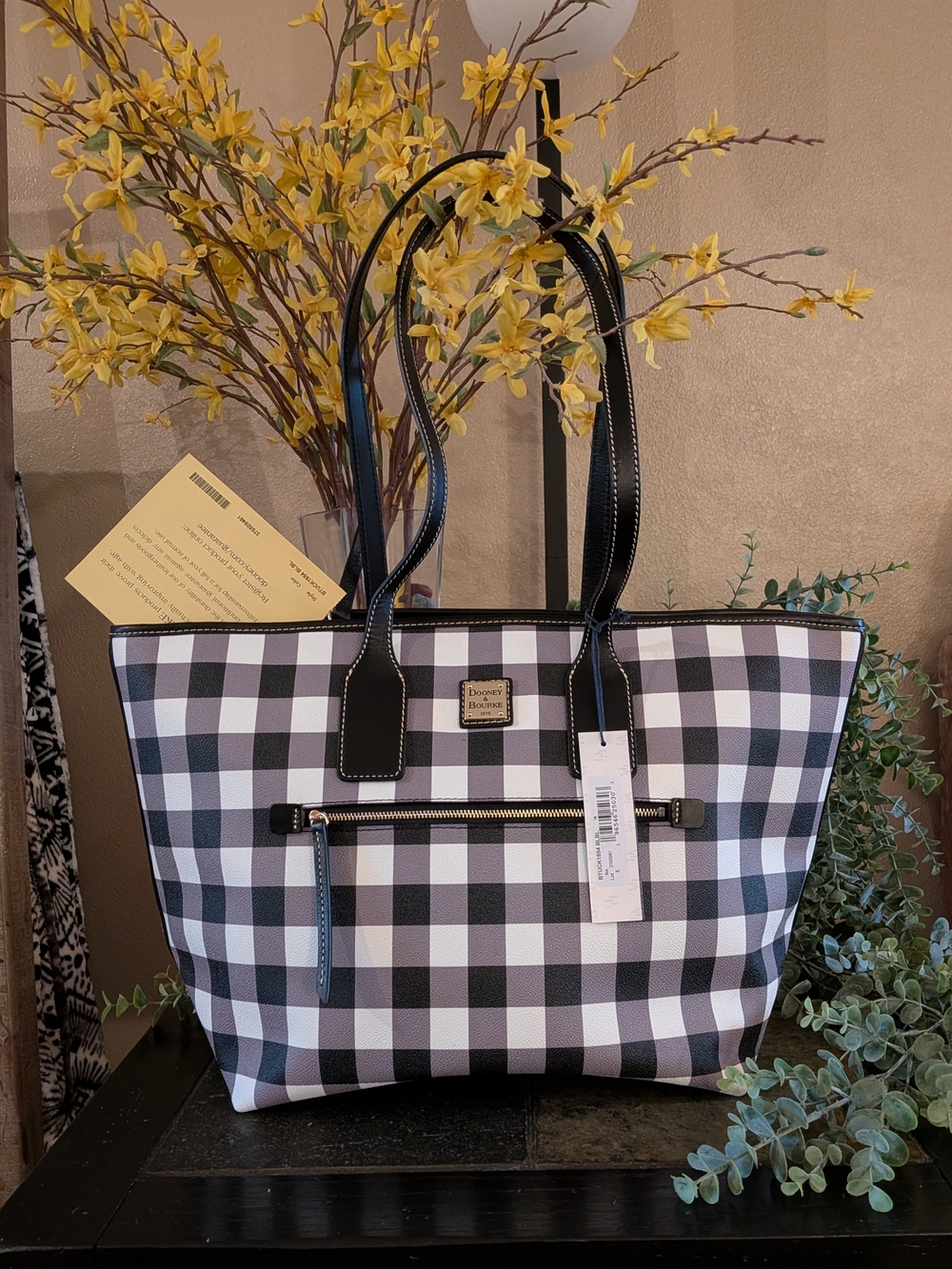 NWT! Dooney & Bourke Tucker Tote Black/White Checkered Plaid